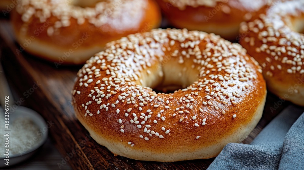 A close-up shot of a sesame seed bagel, perfect for food and bakery images A close-up shot of a sesame seed bagel, perfect for food and bakery images