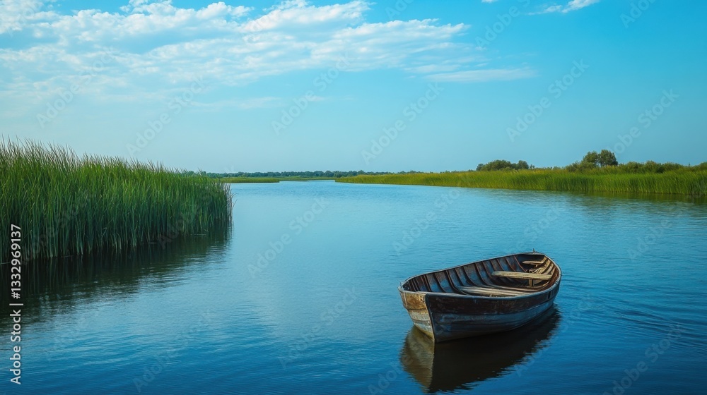Fototapeta premium Small boat floats on calm blue river water. Tall green reeds line riverbank under bright sky with light clouds. Peaceful rural scene.