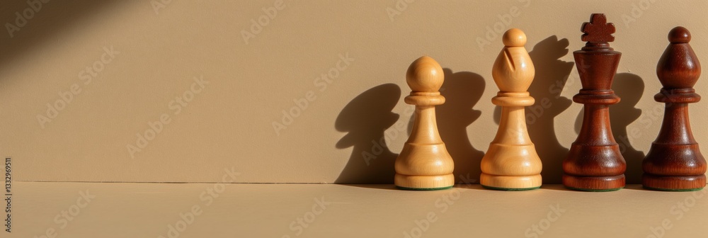 An array of wooden chess pieces cast long shadows on a beige surface, evoking strategic thinking and the classic elegance of chess as a timeless game of strategy.