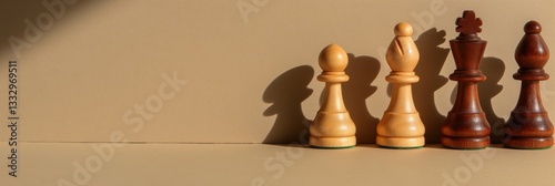 Obraz na płótnie An array of wooden chess pieces cast long shadows on a beige surface, evoking strategic thinking and the classic elegance of chess as a timeless game of strategy. w salonie