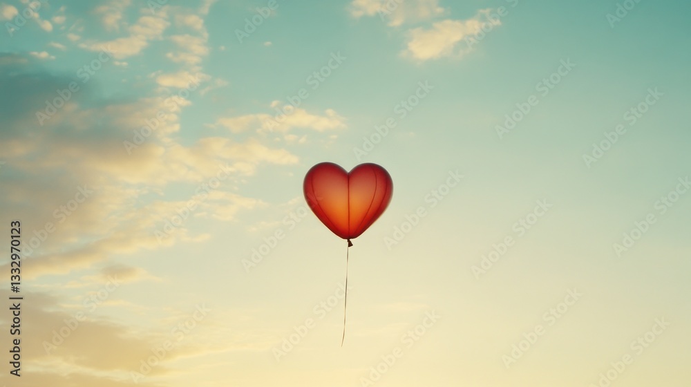 Fototapeta premium Red heart-shaped balloon floats in a pastel sky at sunset.