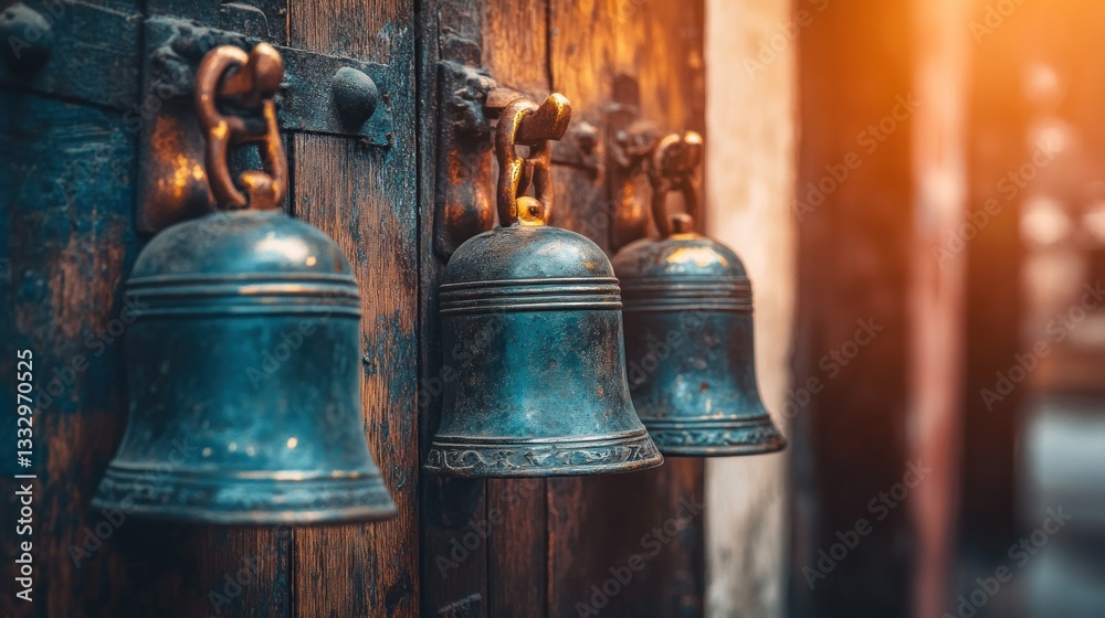 Obraz premium Three antique bronze bells hanging on weathered wooden door.