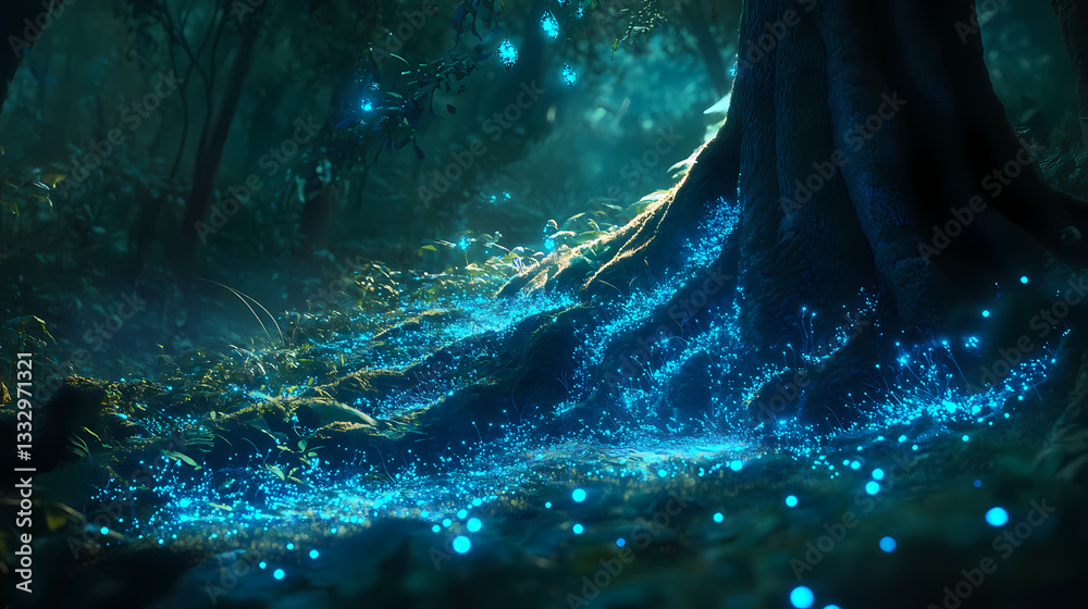 Bioluminescent mycelium network in enchanted forest. Subterranean Threads. Illustration Bioluminescent mycelium network in enchanted forest. Subterranean Threads. Illustration