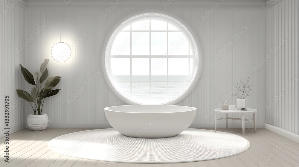 Modern minimalist bathroom features a circular window and bathtub Modern minimalist bathroom features a circular window and bathtub