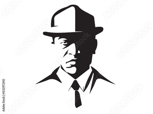 Detective silhouette. Old fashioned detective in hat on white background. Vector style silhouette.