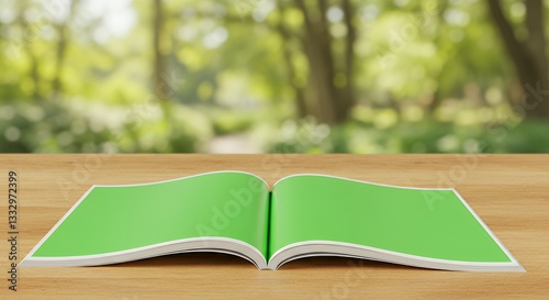 Open Green Magazine on Wooden Table Outdoors