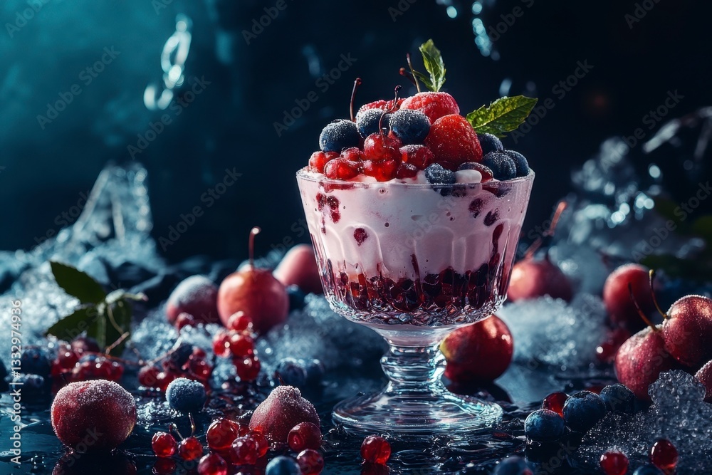 Frozen Fruit Parfait with Strawberries, Blueberries, and Currants in a Crystal Dish Frozen Fruit Parfait with Strawberries, Blueberries, and Currants in a Crystal Dish