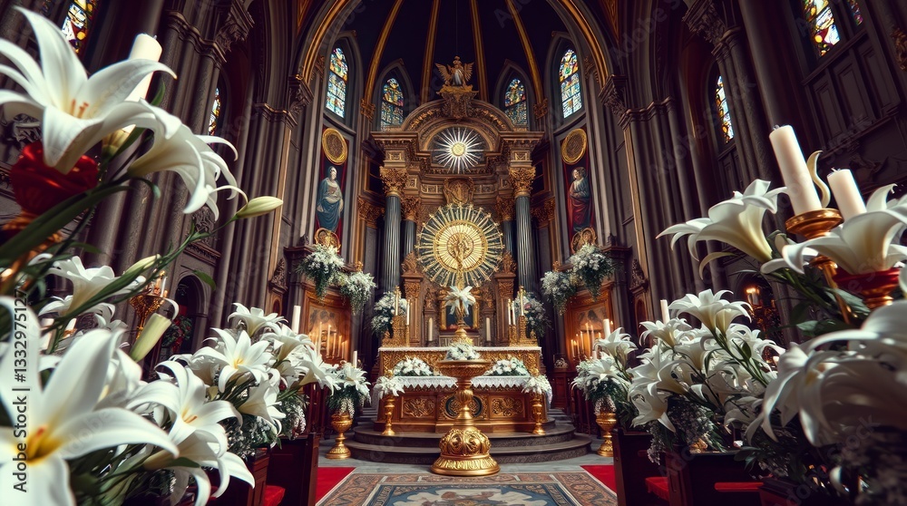 Fototapeta premium Majestic Church Altar with White Lilies and Golden Details