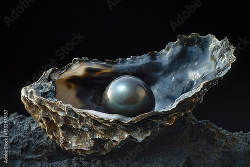 dramatic open oyster with huge black Tahitian pearl sitting inside