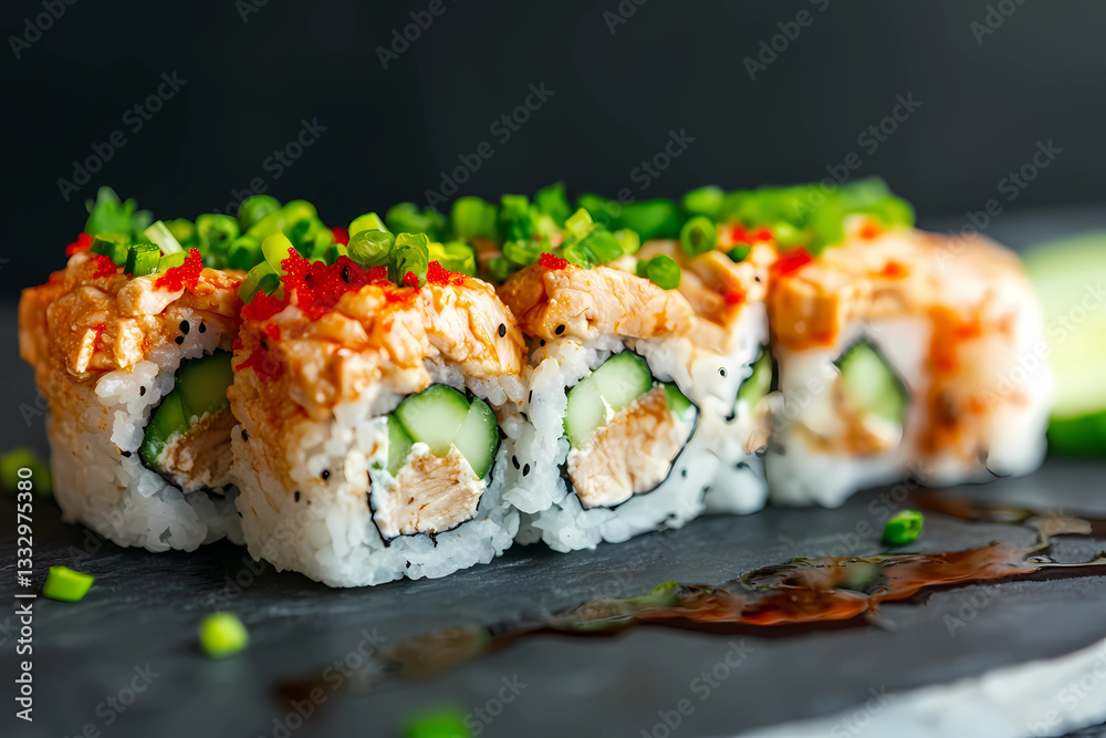 Halal Sushi with Spicy Chicken Topped with a Mix of Fresh, Flavorful Ingredients Creating Perfection Halal Sushi with Spicy Chicken Topped with a Mix of Fresh, Flavorful Ingredients Creating Perfection