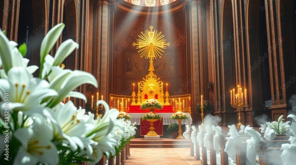 Fototapeta premium Glorious Church Altar with Lilies and Sunbeams