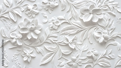 Elegant White Floral Relief Pattern, Elegant white floral relief pattern with intricate details on a smooth background
