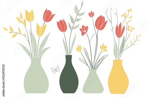 Vases highlighting vibrant tulips and daffodils, embodying spring in a minimalist design that pairs well with text overlay