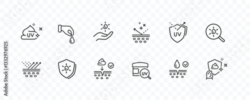 Icons of skin care isolated on transparent background. Vector sun lotion, cream symbols set. Sunscreen and uv protect line stroke signs