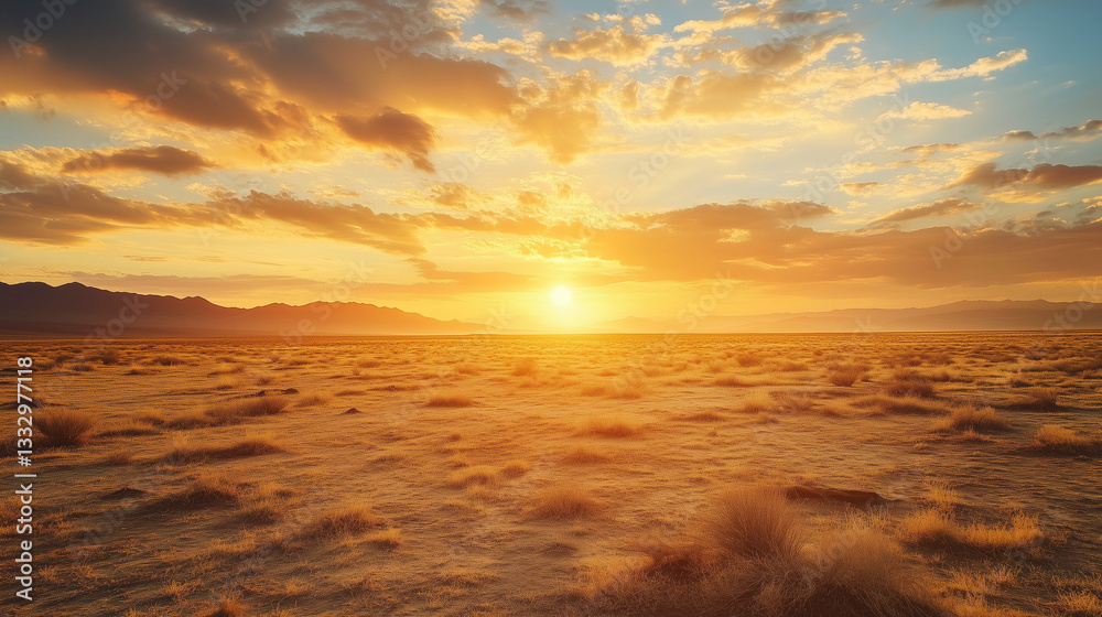 Breathtaking expansive desert landscape illuminated by a radiant golden sun over vast endless sandy dunes Breathtaking expansive desert landscape illuminated by a radiant golden sun over vast endless sandy dunes