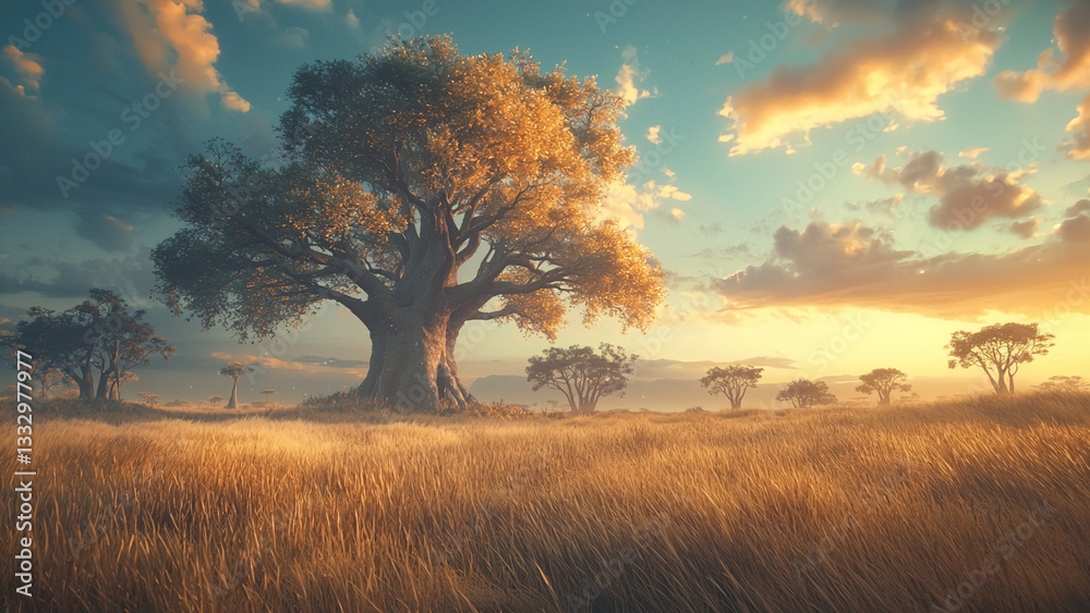 Fototapeta premium Expansive Savanna with Baobab Trees and Sunset Glow