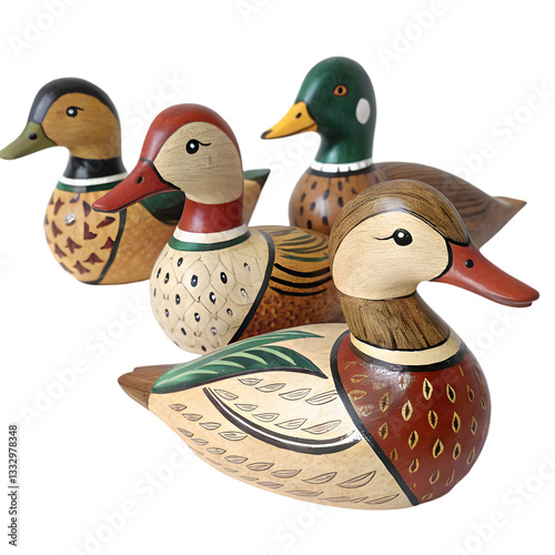 Hand-Painted Wooden Duck Figurines isolated on transparent background