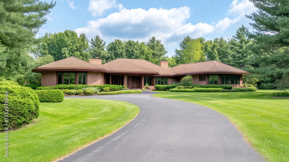 A beautiful modern home surrounded by lush greenery and a curved driveway under a blue sky A beautiful modern home surrounded by lush greenery and a curved driveway under a blue sky