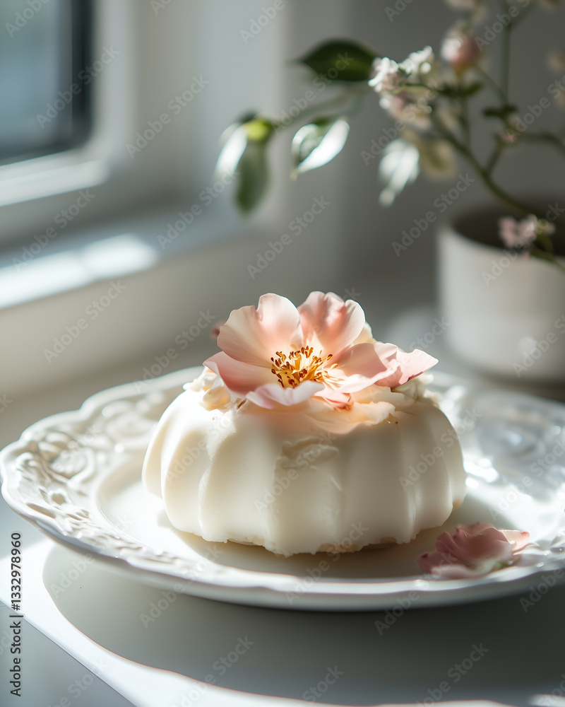 Delicate floral dessert with edible petals on ceramic plate Delicate floral dessert with edible petals on ceramic plate