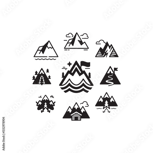 set of mountain icons.Collection of Black and White Mountain Icons.mountain, icons, black and white, silhouette, nature, outdoor, adventure, travel, hiking, camping, landscape, forest, trees, peaks, s