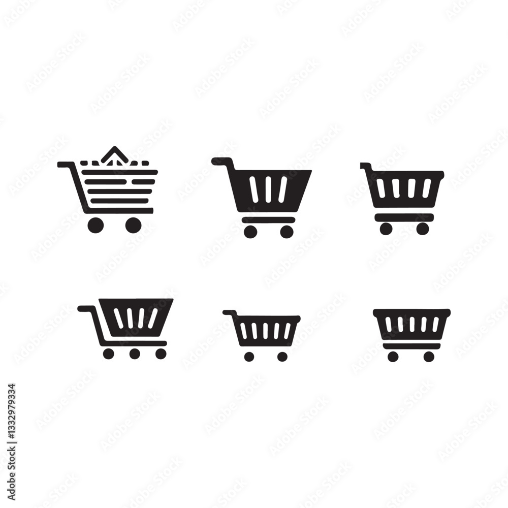 vector shopping cart icon.Six Simple Shopping Cart Icons for Graphic Design.A set of six black shopping cart icons, suitable for various graphic design projects. vector shopping cart icon.Six Simple Shopping Cart Icons for Graphic Design.A set of six black shopping cart icons, suitable for various graphic design projects.