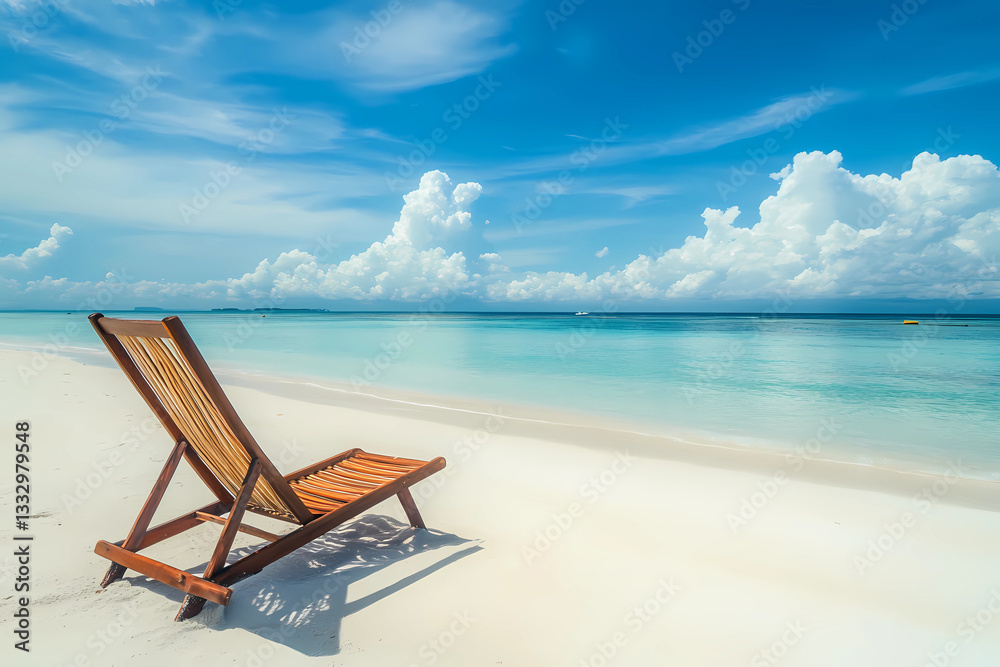Serene beach chair set against a calming seascape promising blissful, lazy moments and ultimate relaxation Serene beach chair set against a calming seascape promising blissful, lazy moments and ultimate relaxation