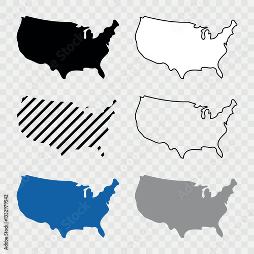 USA Map Black, State Border, United States, US America, Transparent Isolated, Variations. High detailed vector map - USA. Vector icon. Color set