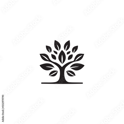 Elegant Black and White Tree Silhouette for Logo or Design.A stylized, black silhouette of a tree with a full canopy of leaves against a white background.