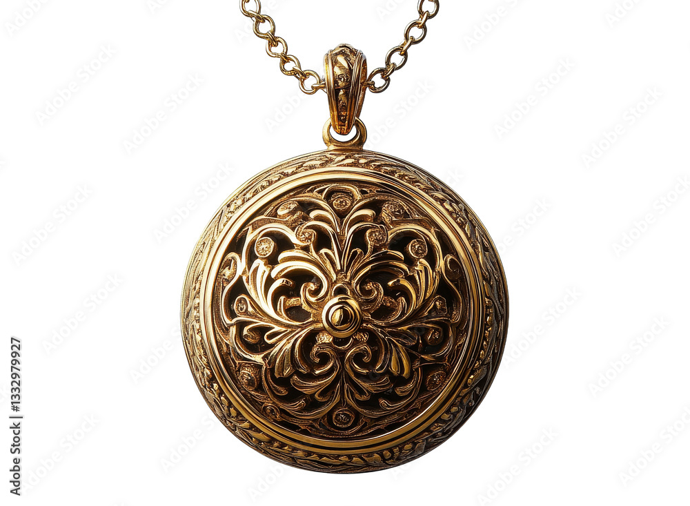 Golden pendant with a floral pattern and chain, cut out transparent Golden pendant with a floral pattern and chain, cut out transparent