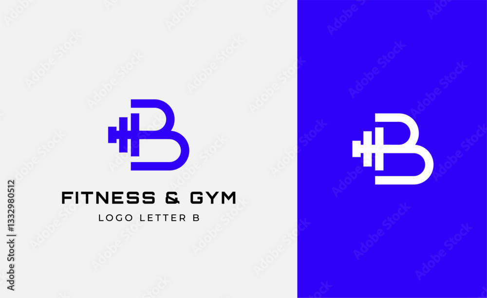 Fototapeta premium Logo Fitness letter B with Gym equipment concept. Dumbble, bumble, kettlebell concept. Fitness, health, body builder logo design template.