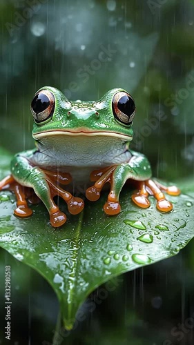 Vibrant green frog perched on a leaf in a rain-soaked jungle