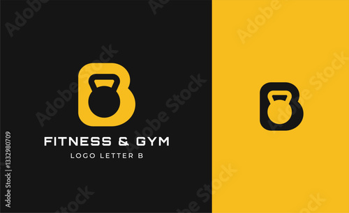 Logo Fitness letter B with Gym equipment concept. Dumbble, bumble, kettlebell concept. Fitness, health, body builder logo design template.