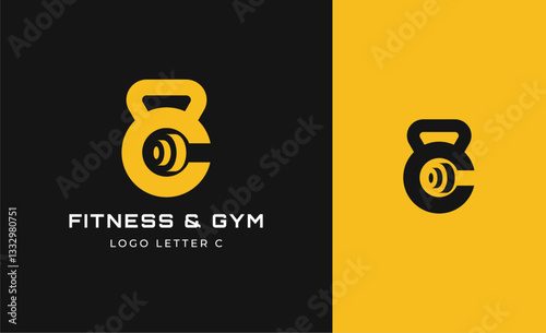 Logo Fitness letter C with Gym equipment concept. Dumbble, bumble, kettlebell concept. Fitness, health, body builder logo design template.
