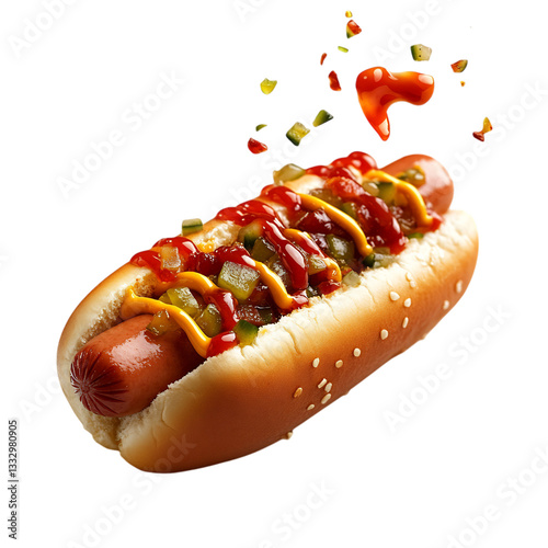 A Delicious Hot Dog with Ketchup Mustard and Relish Isolated on Transparent Background