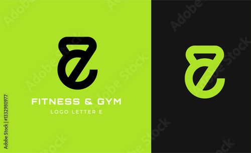 Logo Fitness letter E with Gym equipment concept. Dumbble, bumble, kettlebell concept. Fitness, health, body builder logo design template.