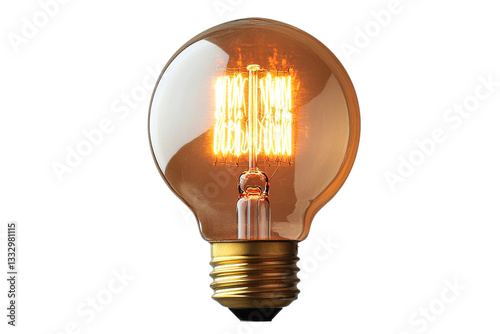 Glowing incandescent lightbulb with spiral filament on black, cut out transparent