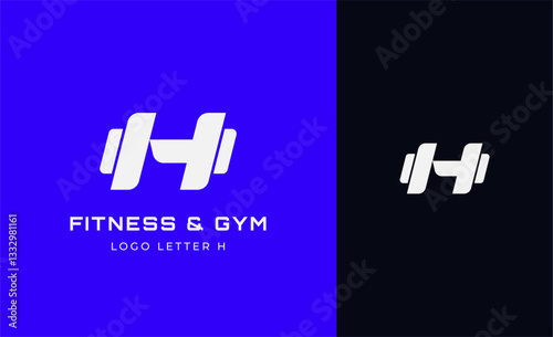 Logo Fitness letter H with Gym equipment concept. Dumbble, bumble, kettlebell concept. Fitness, health, body builder logo design template.