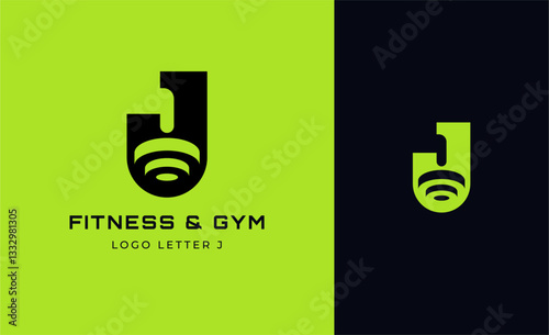 Logo Fitness letter J with Gym equipment concept. Dumbble, bumble, kettlebell concept. Fitness, health, body builder logo design template.