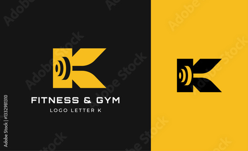 Logo Fitness letter K with Gym equipment concept. Dumbble, bumble, kettlebell concept. Fitness, health, body builder logo design template.