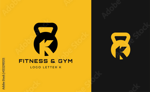 Logo Fitness letter K with Gym equipment concept. Dumbble, bumble, kettlebell concept. Fitness, health, body builder logo design template.