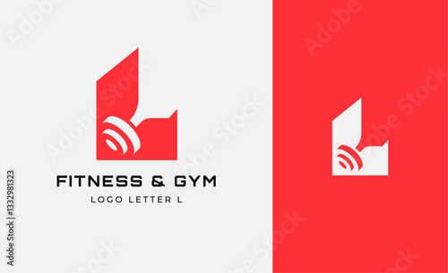 Logo Fitness letter L with Gym equipment concept. Dumbble, bumble, kettlebell concept. Fitness, health, body builder logo design template.