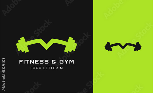 Logo Fitness letter M with Gym equipment concept. Dumbble, bumble, kettlebell concept. Fitness, health, body builder logo design template.
