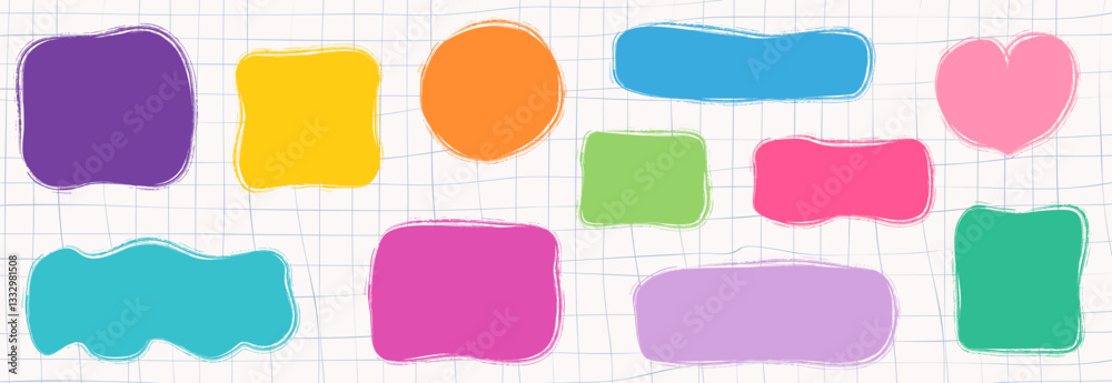 Colorful vector organic doodle shapes, cute frames, border, text box, speech bubbles graphic design elements for kids, babies