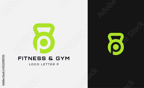 Logo Fitness letter P with Gym equipment concept. Dumbble, bumble, kettlebell concept. Fitness, health, body builder logo design template.