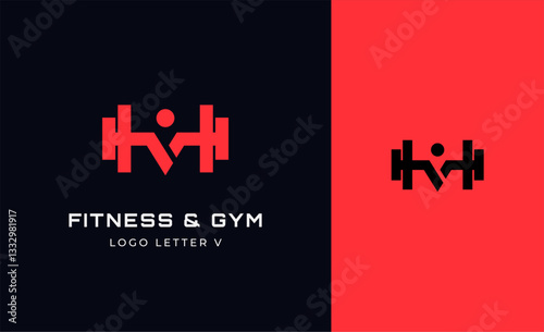 Logo Fitness letter V with Gym equipment concept. Dumbble, bumble, kettlebell concept. Fitness, health, body builder logo design template.