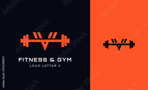 Logo Fitness letter V with Gym equipment concept. Dumbble, bumble, kettlebell concept. Fitness, health, body builder logo design template.