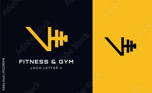 Logo Fitness letter V with Gym equipment concept. Dumbble, bumble, kettlebell concept. Fitness, health, body builder logo design template.