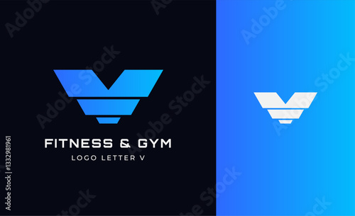 Logo Fitness letter V with Gym equipment concept. Dumbble, bumble, kettlebell concept. Fitness, health, body builder logo design template.