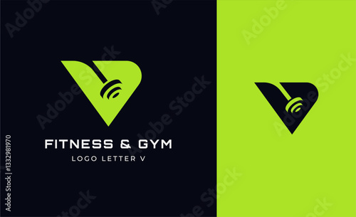 Logo Fitness letter V with Gym equipment concept. Dumbble, bumble, kettlebell concept. Fitness, health, body builder logo design template.