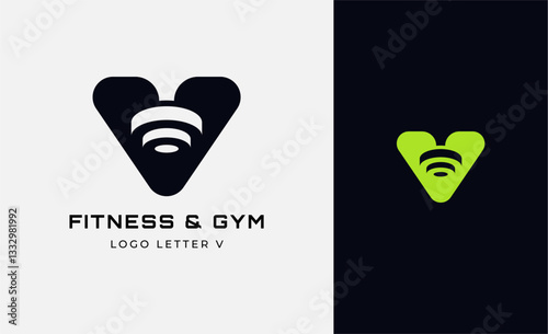 Logo Fitness letter V with Gym equipment concept. Dumbble, bumble, kettlebell concept. Fitness, health, body builder logo design template.